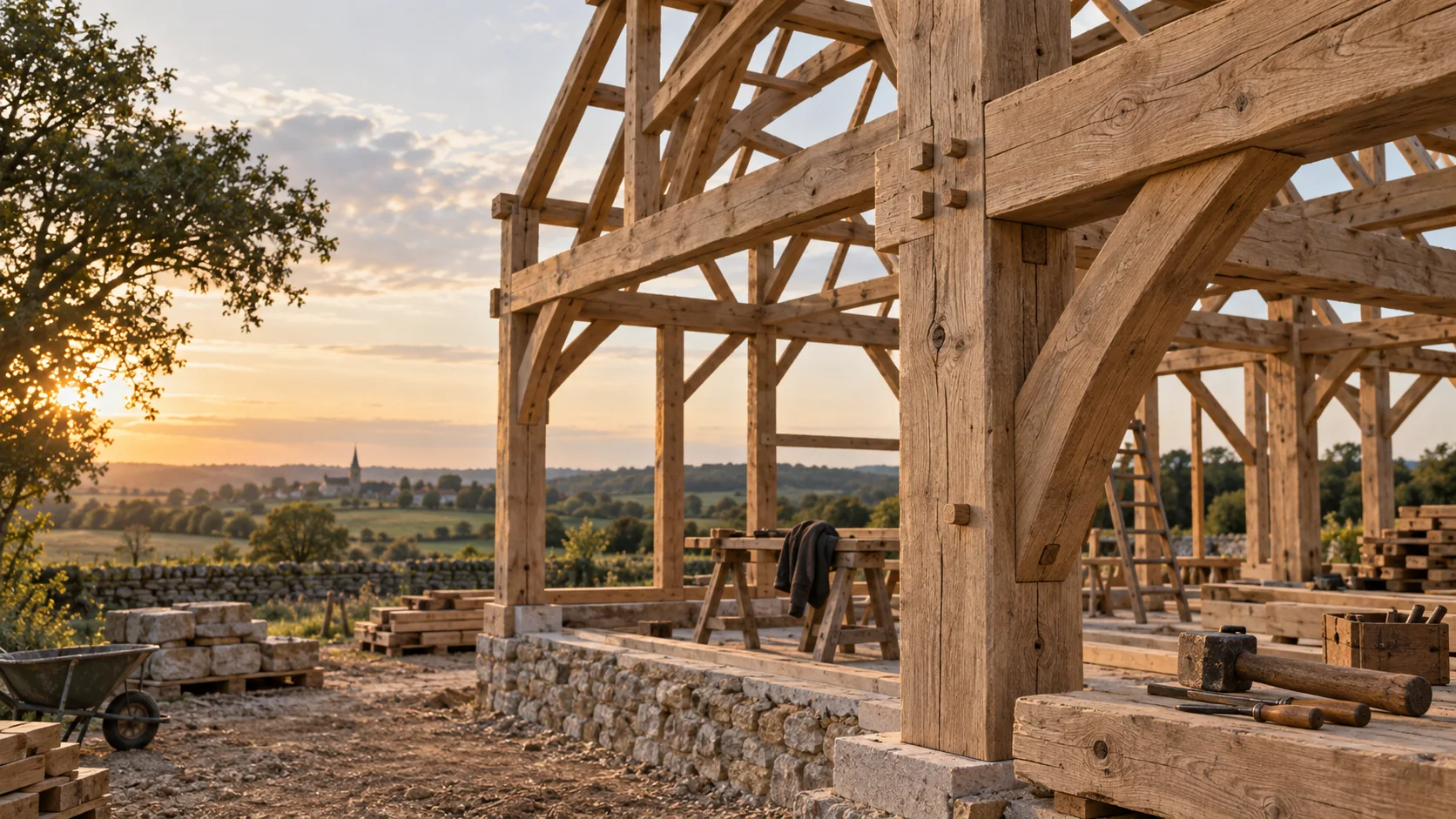 Charpente traditionnelle en bois assemblée sur un chantier rural