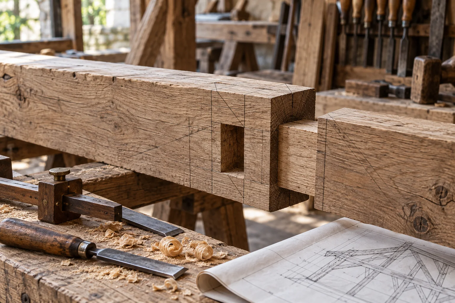 Assemblage traditionnel en bois avec tracés et outils de charpentier